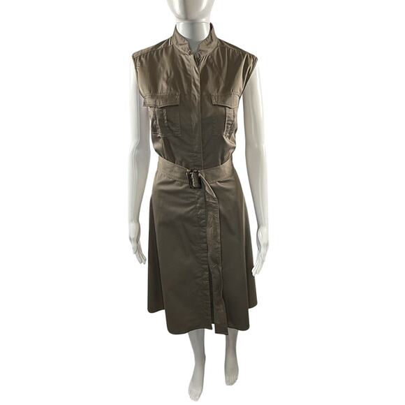 Ann Taylor mandarin Collor leeveless Utility Belted Dress Khaki Green 10 88-62 - Picture 5 of 16